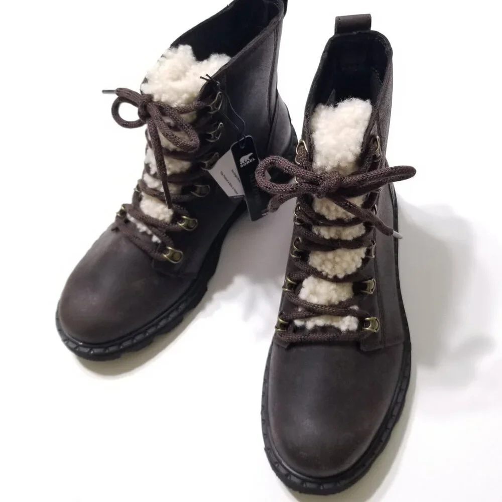 NWOB Sorel Lennox Lace Cozy Waterproof Winter Boots in Blackened Brown Sz 6.5, 7